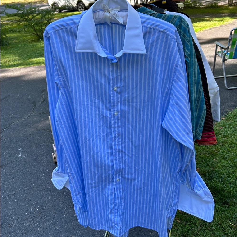 Hilditch & Key Blue Stripe French Cuff Shirt 16.5R